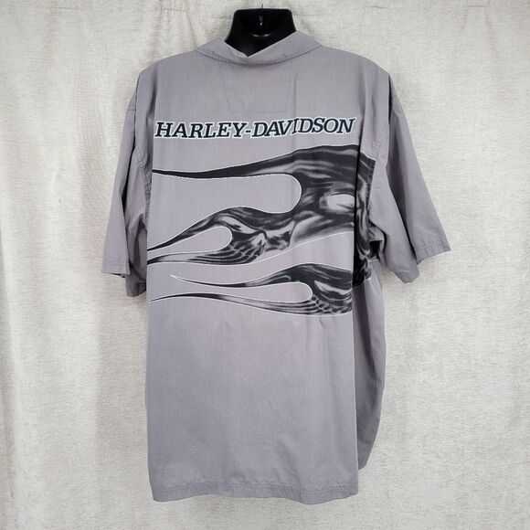 Harley-Davidson Gray Button Up Camp Collar Short Sleeve Men's Shirt Skull Flames - Picture 6 of 9